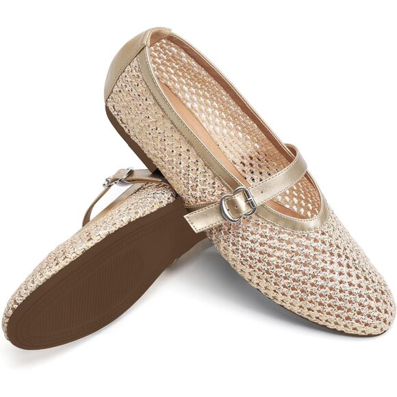 Women's Gold Mesh Ballet Flats Adjustable Strap Mary Jane Casual Office Shoes - Picture 4 of 6